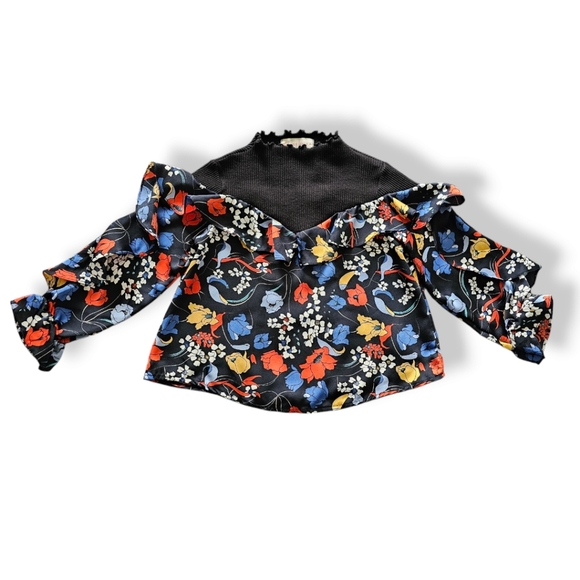 Girls Size 5 Berry Berry High Collar Floral Ruffled Lettuce Edge Top- Korean - Picture 2 of 8